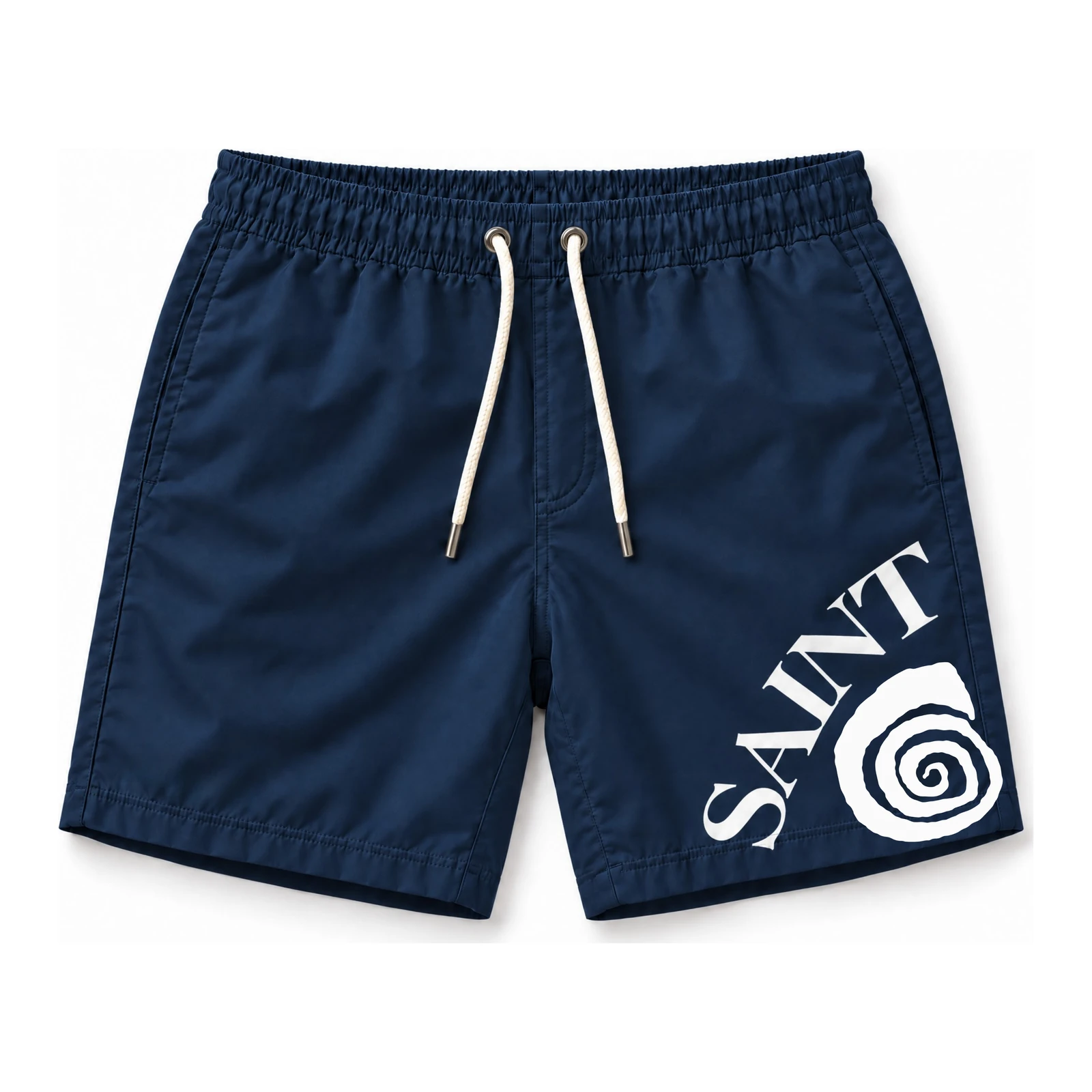 Short Praia 02 azul-marinho, frente com SAINT e a concha