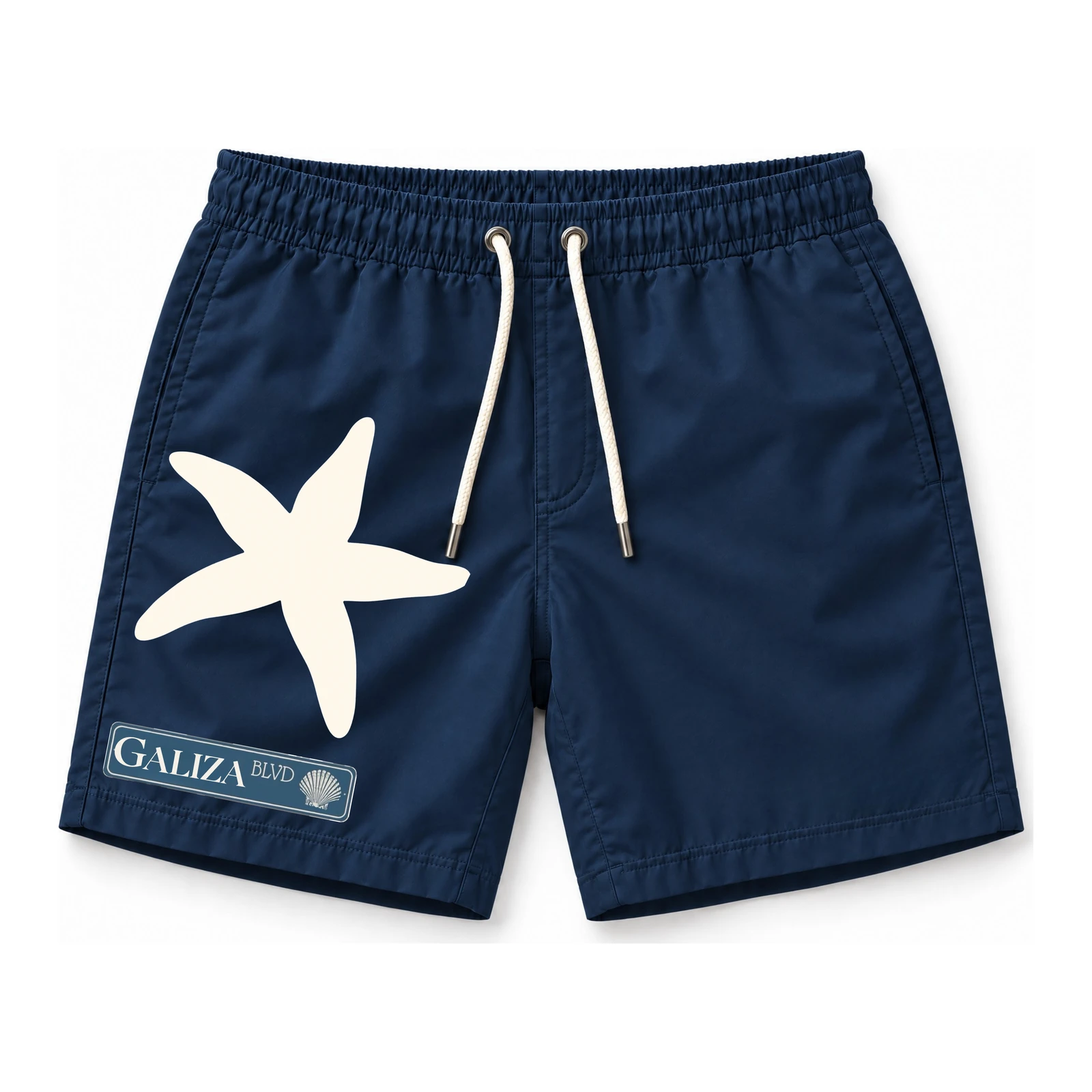 Short Praia 03 azul-marinho com estrela-do-mar e placa Galiza Blvd